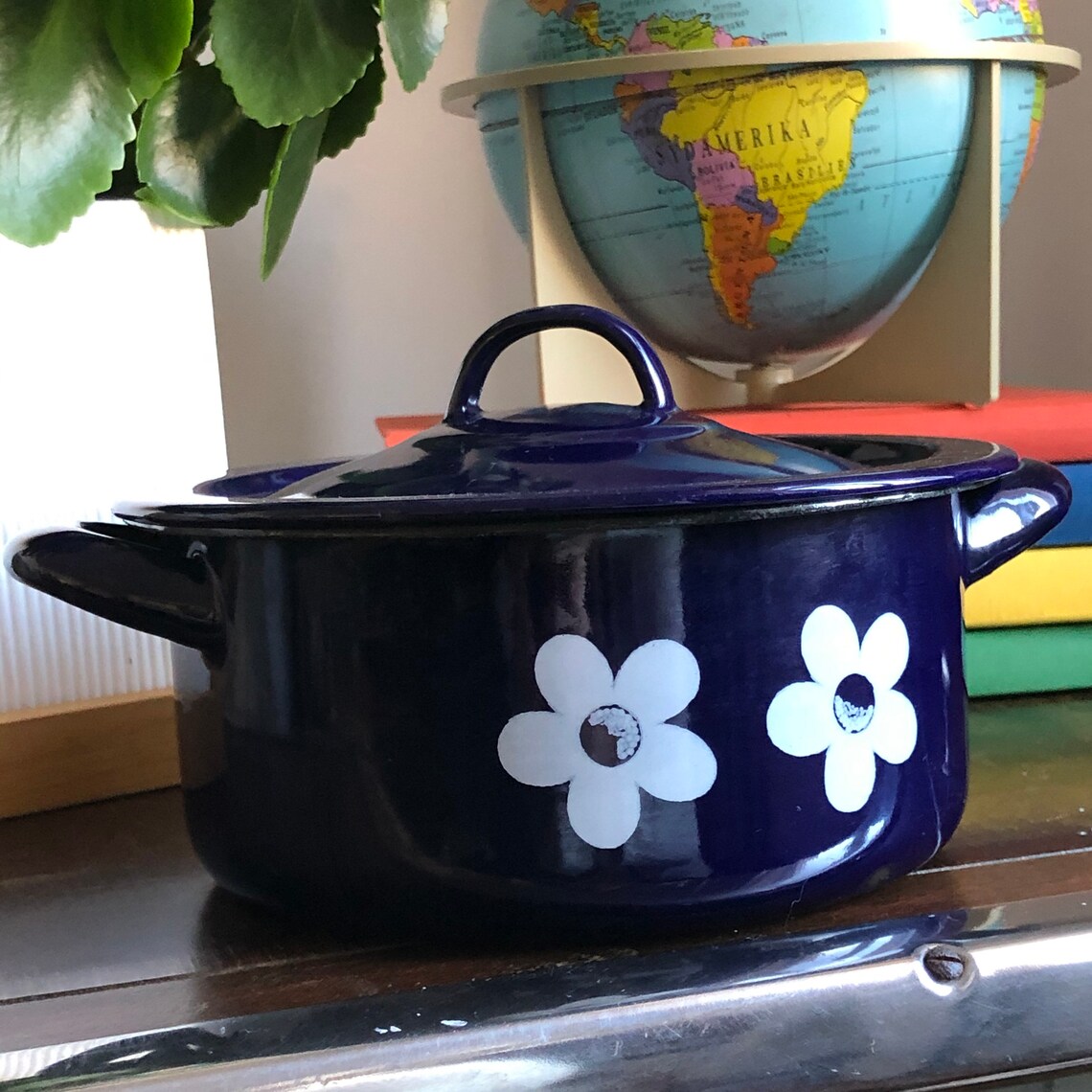 Vintage Enamel Pot Blue With White Flowers With Lid Enamel Etsy