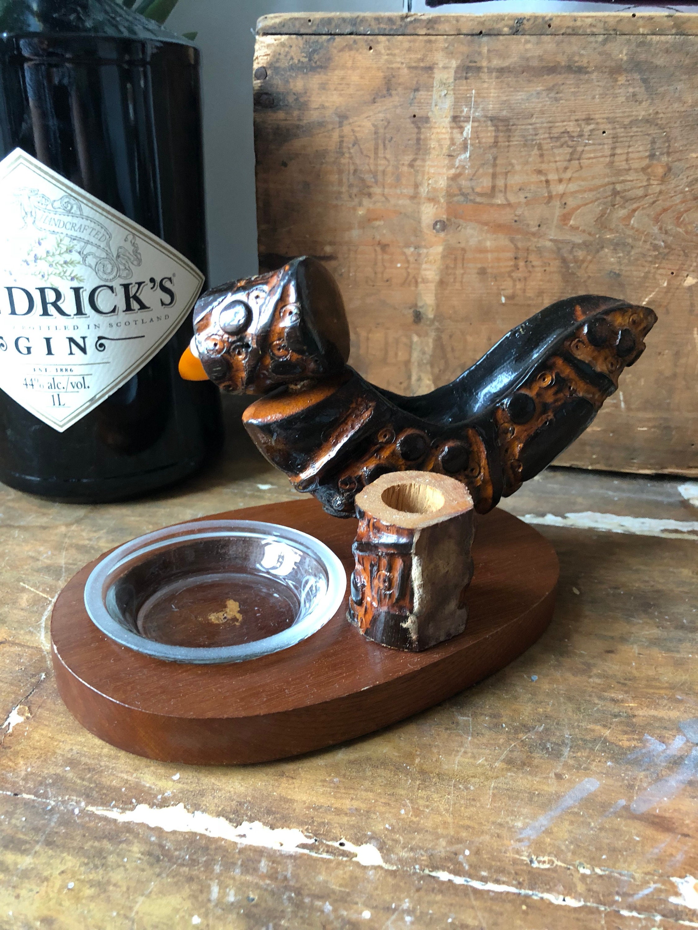 Antique hand carved Scandinavian pipe holder / pipe stand bird with