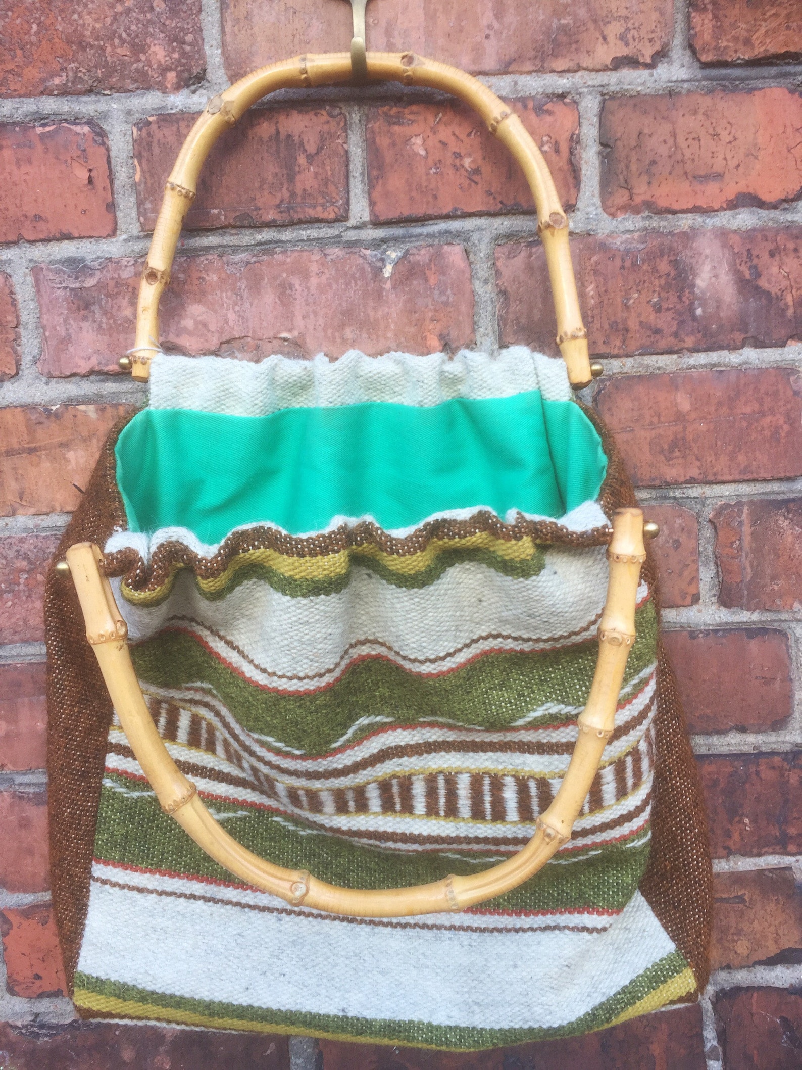 Woven Boho Tapestry Bag Bamboo Handles Kilim Pattern Nanna Etsy