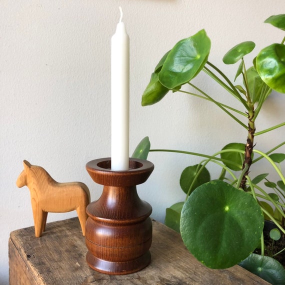 Swedish wooden turned candle stick holder Scandinavian woodworking midcentury modern design Vintage