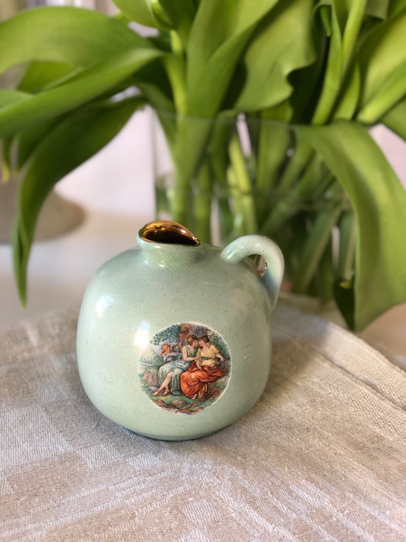 Danish romantic Victorian style vase Soholm design gold trim with romantic scene