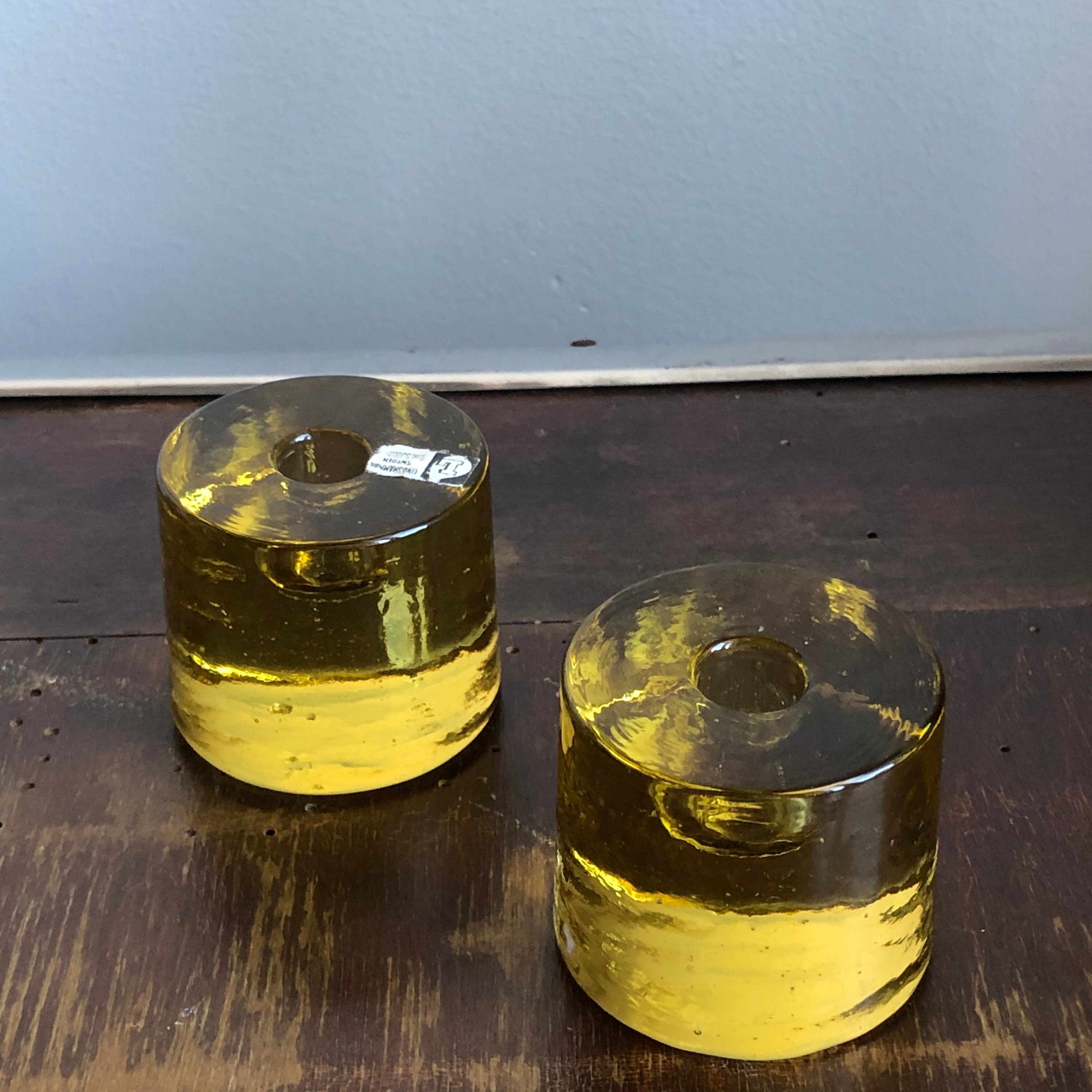 Pair of 2 Lindshammar yellow glass small candlestick holders round