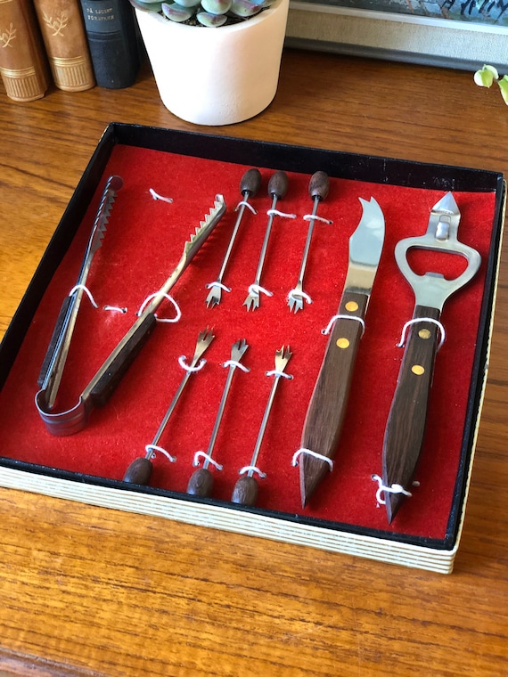 Vintage bar set Bottle opener tongs cocktail forks teak danish design midmod sleek knife