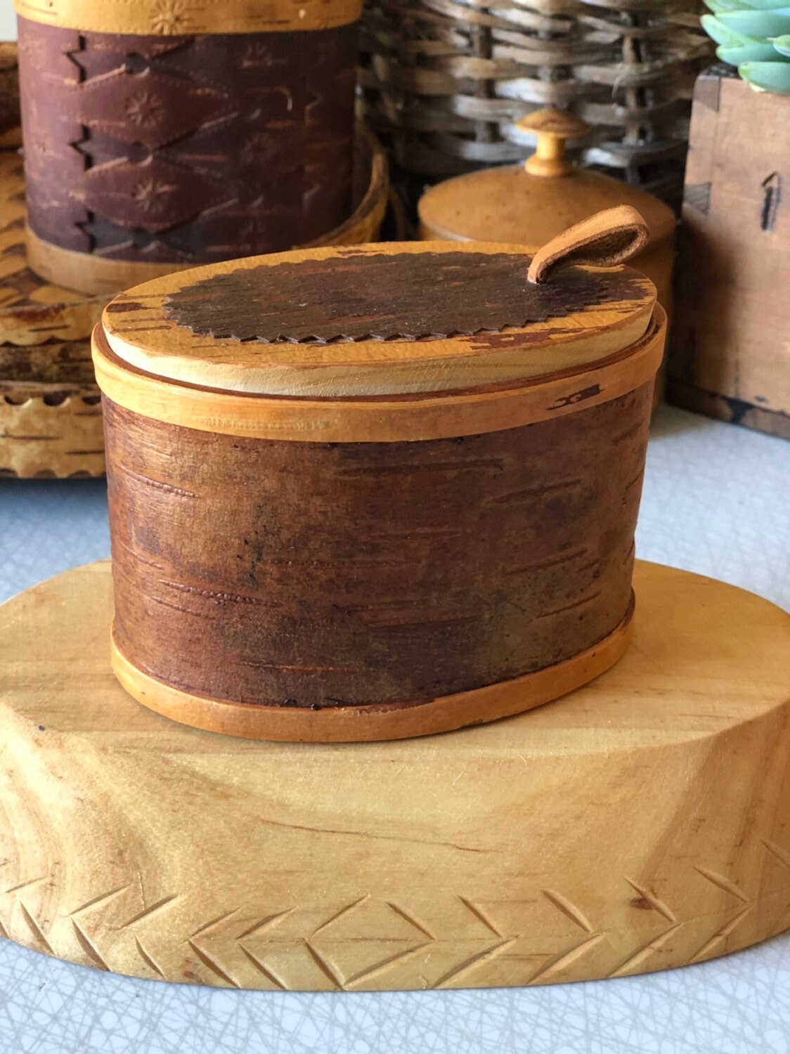 Swedish wooden birch bark midcentury modern wooden container with lid