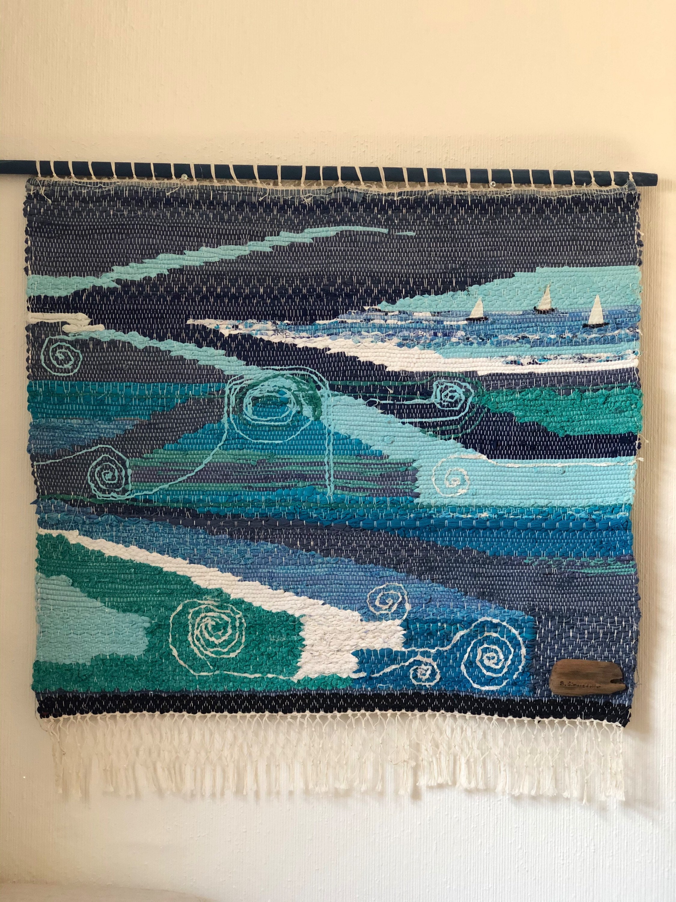 Original Scandinavian rag rug woven textil art wall hanging tapestry