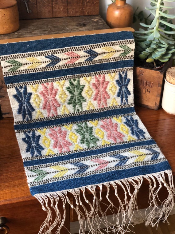 Handwoven tapastry kilim rug wool wallhanging nordic Scandinavian yellow blue green pink