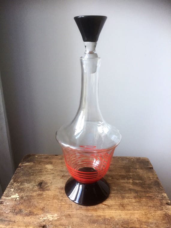 Vintage/American/art nouveau/glass /decanter/glass topper/black and red/art deco/hand painted/ gatsby style/ Hollywood regency