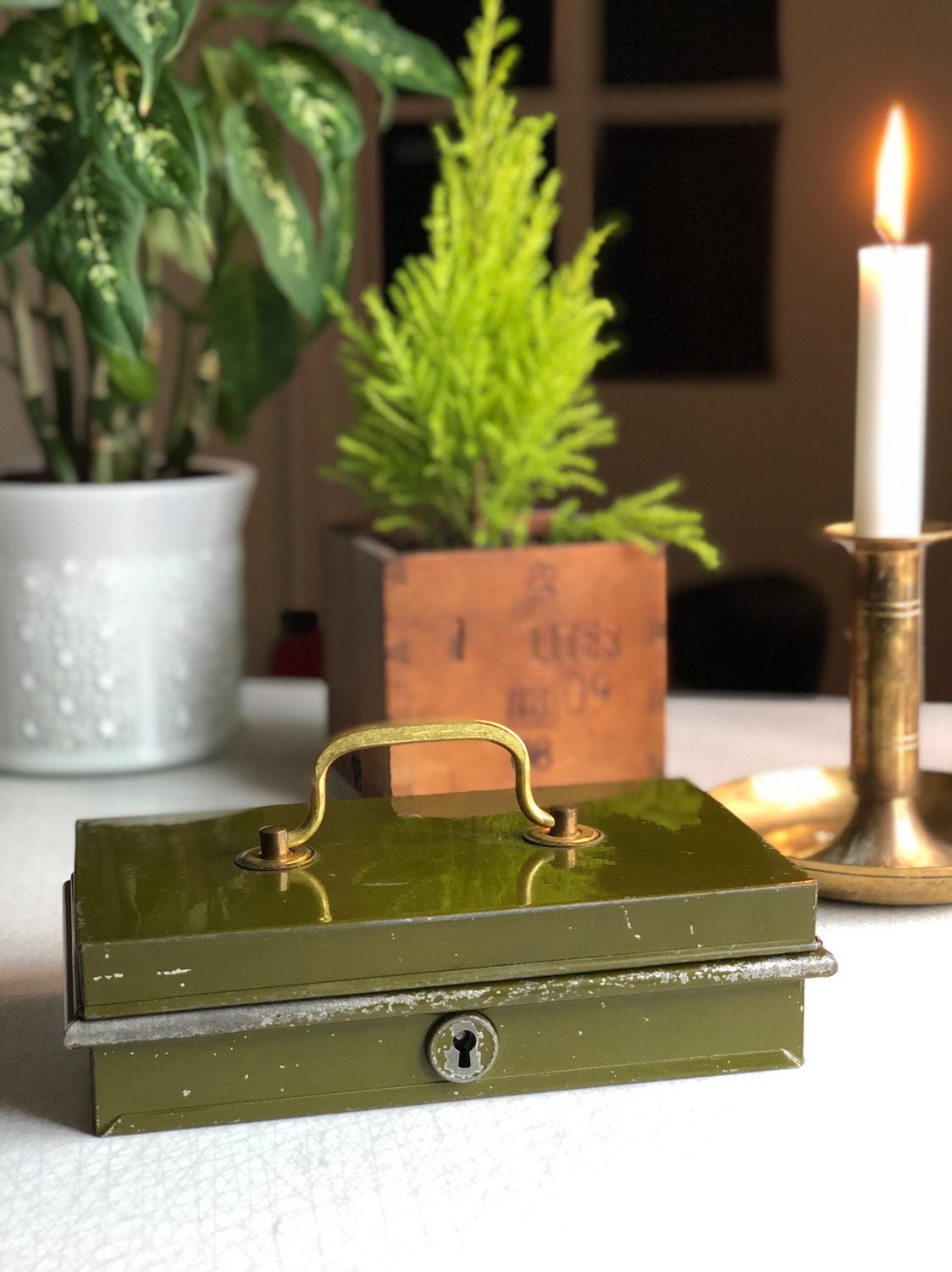 Vintage green metal and brass lock box / bank / safety box 1940s