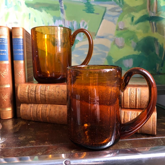 Erik Höglund mugs for Kosta amber brown glass beer steins Scandinavian modern midcentury midmod