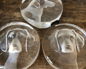 Mats Jonasson canine dog series crystal engraved sculpture paper weight art glass animals 1974 - 1977 / Royal Krona group Sweden signed