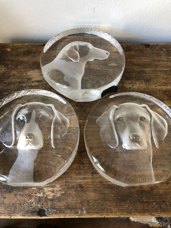 Mats Jonasson canine dog series crystal engraved sculpture paper weight art glass animals 1974 - 1977 / Royal Krona group Sweden signed