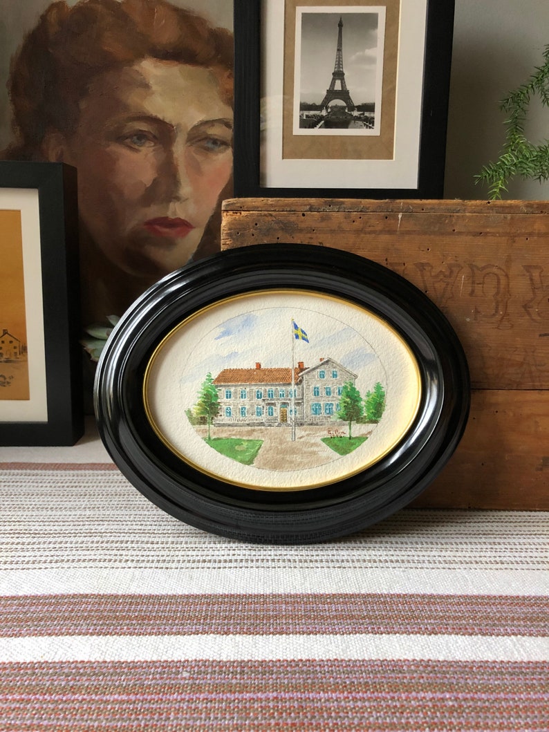 Original Swedish water color painting of Swedish country house still signed EP 1946 small oval painting framed image 6