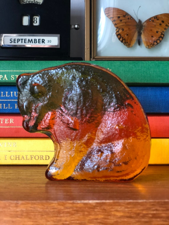 Modern bear brunt orange amber glass sculpture figurine Swedish Scandinavian design 1960s Modernist