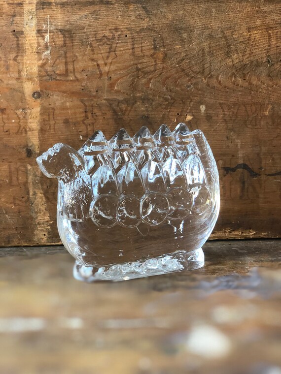 crystal glass viking boat ship sculpture figurine for Pukeberg glassworks designed by Uno Westerberg 1960s