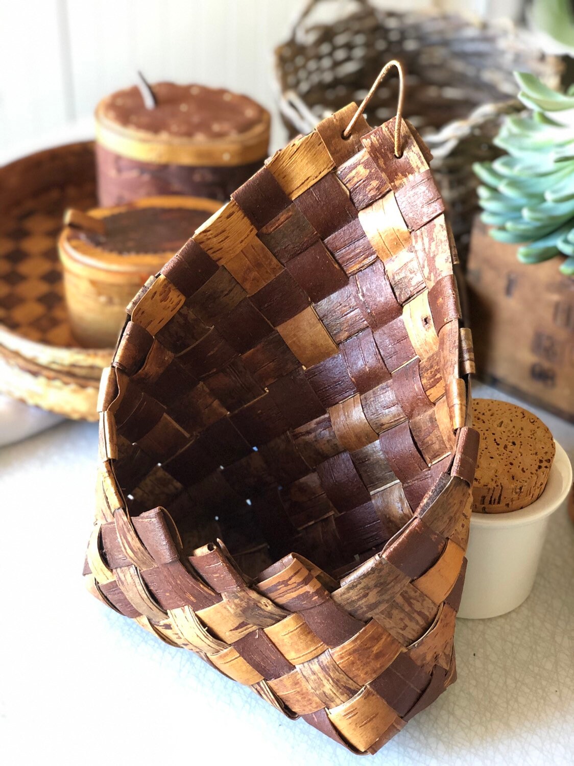 Swedish wooden birch bark wall hanging basket midcentury modern basket