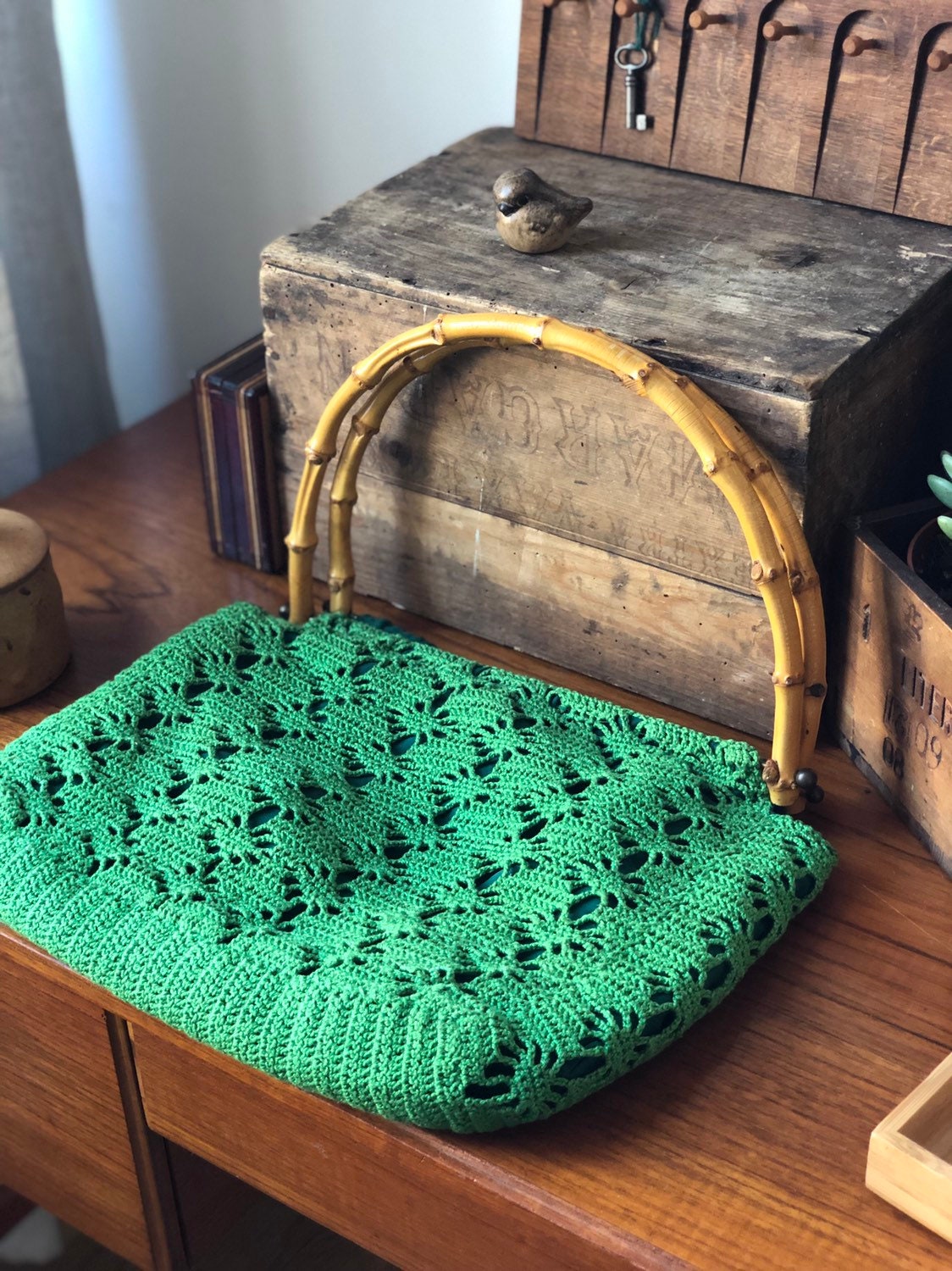 Boho bag crochet bamboo handle market bag vibrant green handbag macrame