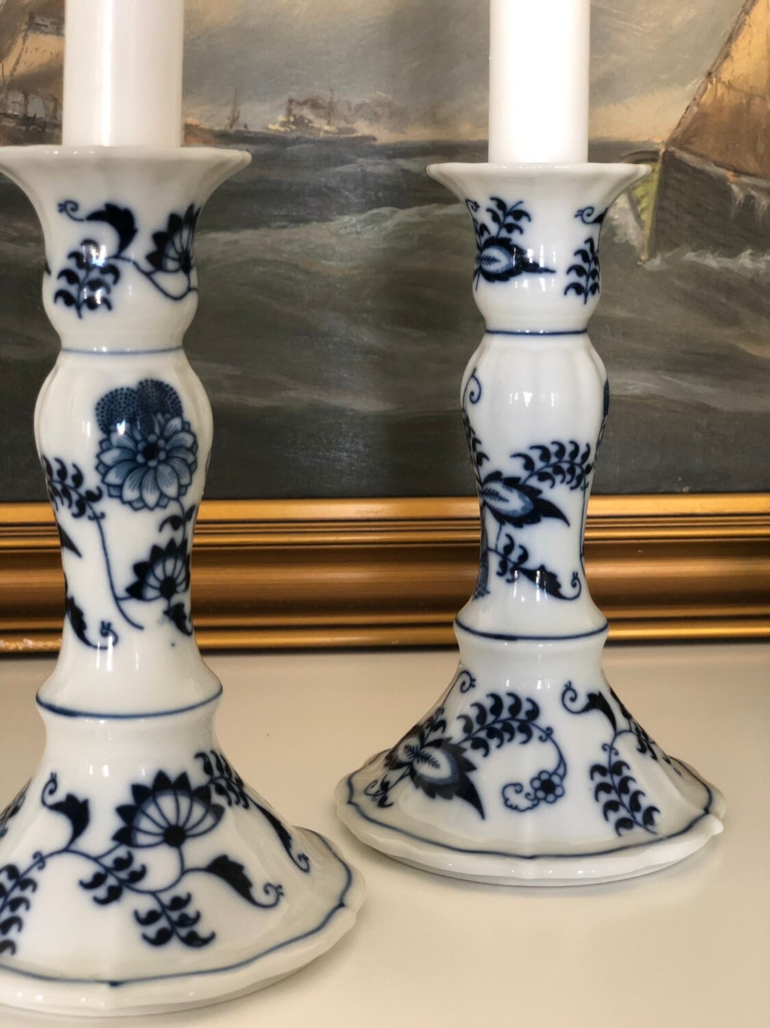 Older Blue Danube candle holders pair stamped with older marking blue and white ceramic