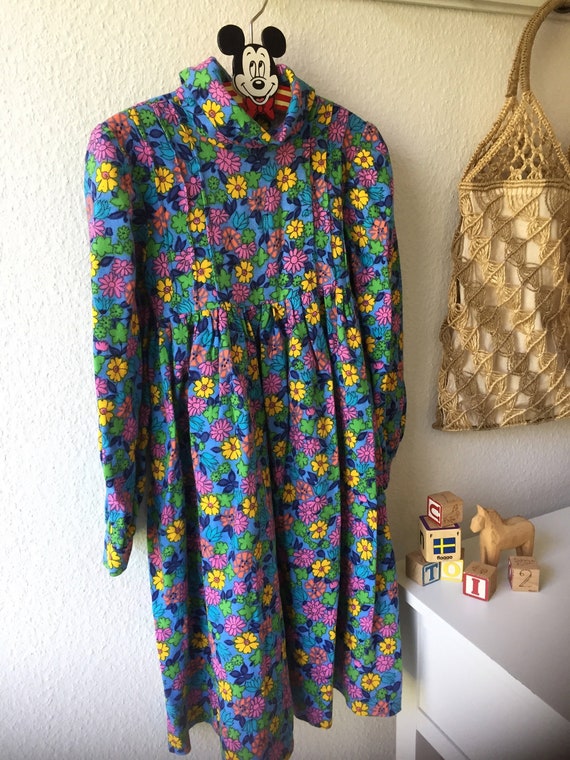 Vintage Girls retro boho Blue yellow pink long sleeved flowery dress hidden zipper Scandinavian perfect fall and winter dress