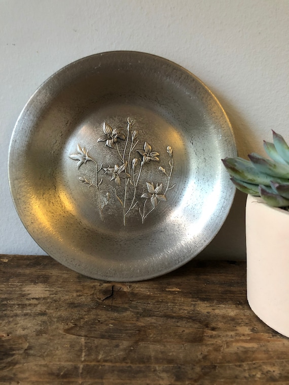 Pewter flower art wall hanging Scandinavian Swedish mid century scandi boho