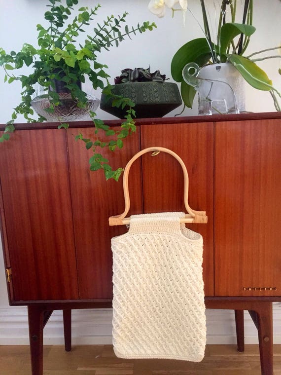 Boho bag crochet wicker handle/ market bag light cream handbag macrame