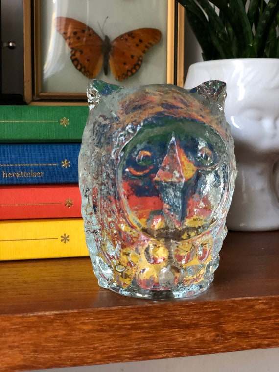 Modern owl glass sculpture figurine for Pukeberg glassworks by Uno Westerberg /1960s Modernist / crystal