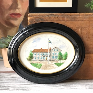 Original Swedish water color painting of Swedish country house still signed EP 1946 small oval painting framed image 1