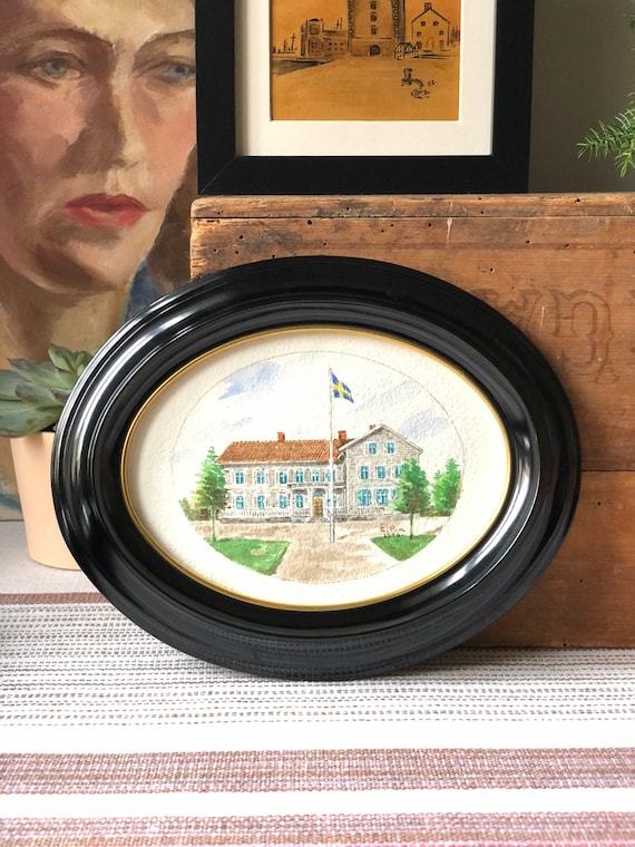 Original Swedish water color painting of Swedish country house still signed EP 1946 small oval painting framed