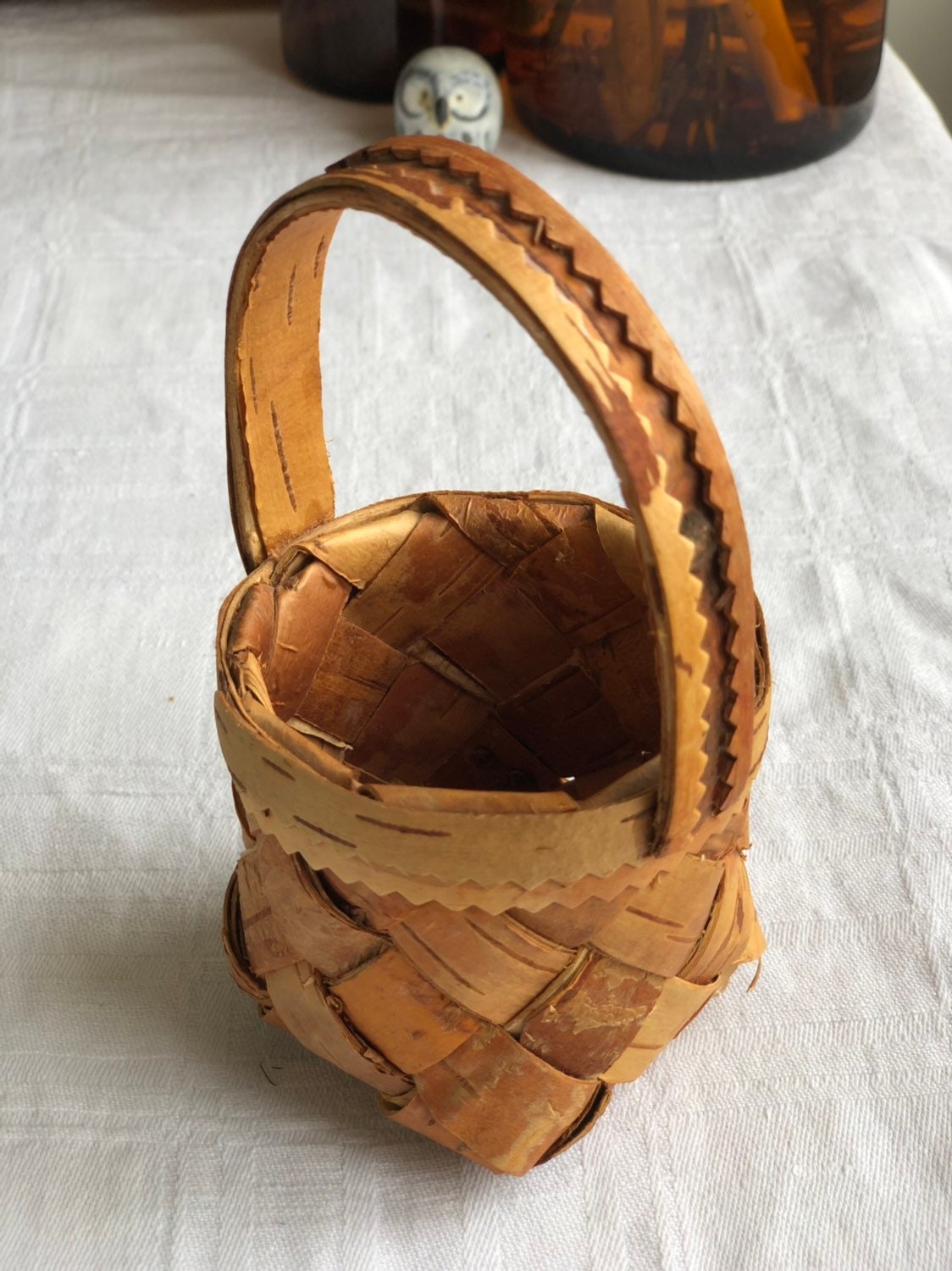 Small Swedish wooden birch bark basket midcentury modern basket storage