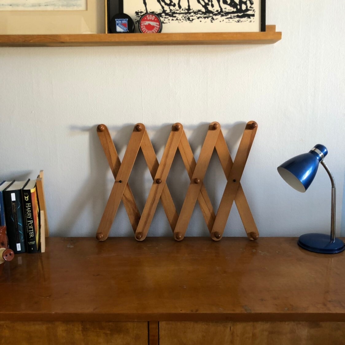 Vintage wooden accordion hat rack retro scandi boho coat track