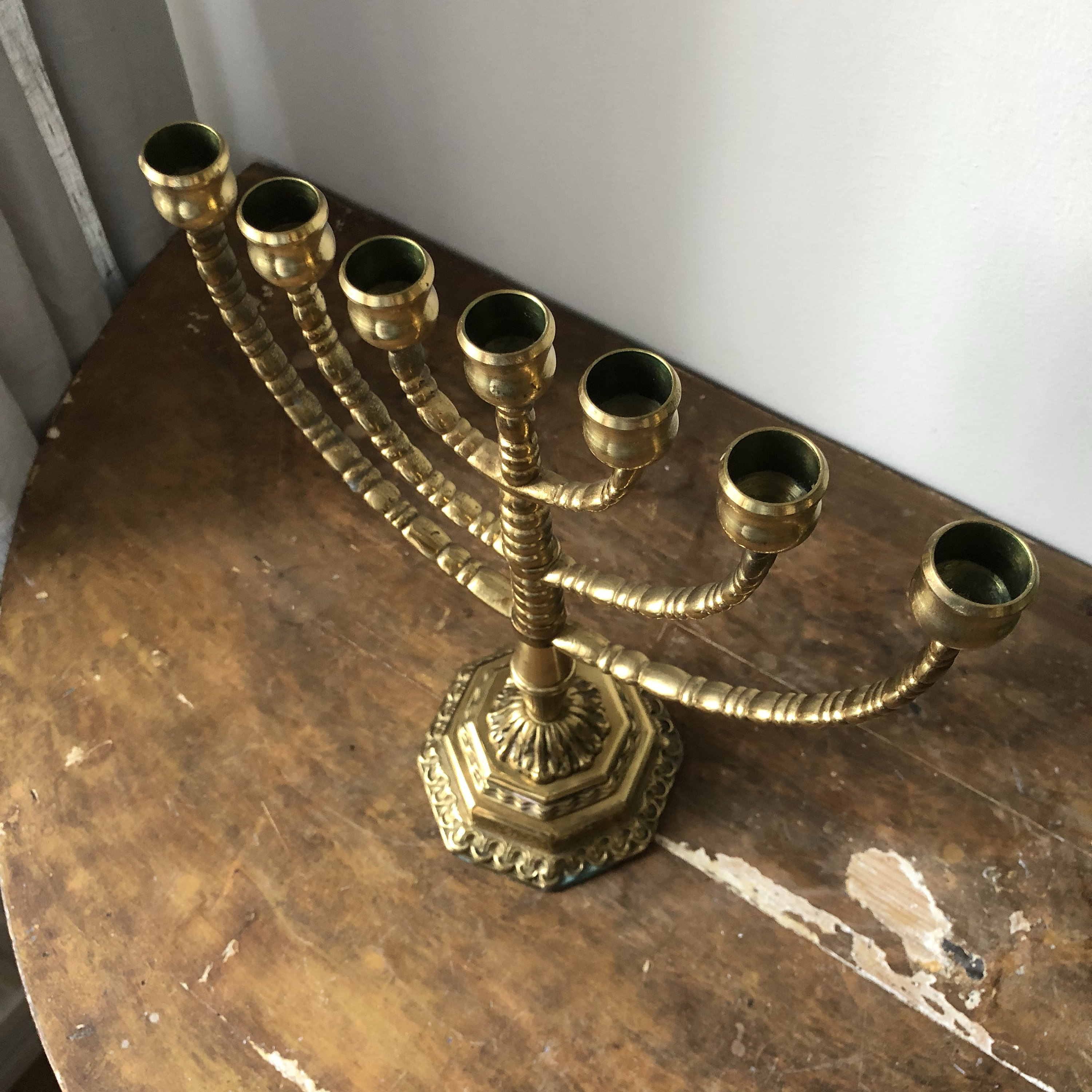 Large solid heavy brass menorah vintage pedestal stunning Chanukah