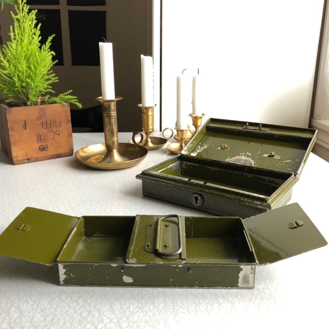 Vintage green metal and brass lock box / bank / safety box 1940s