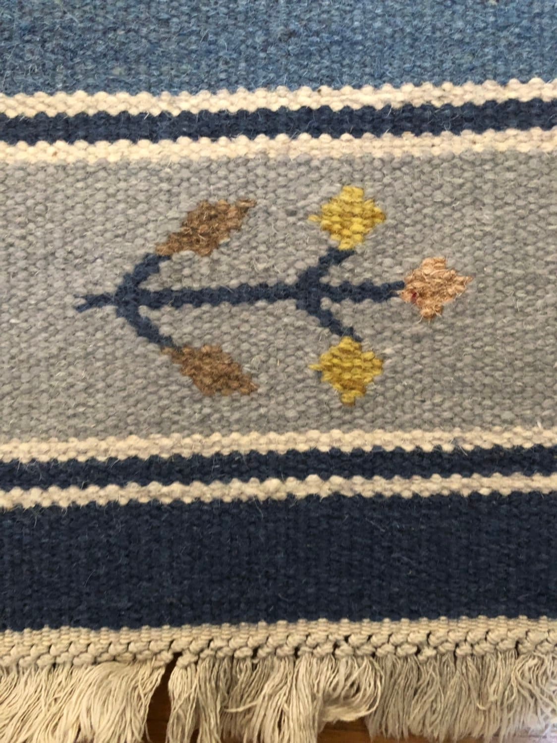 Traditional vintage Swedish kilim woven rug with fringe Scandinavian