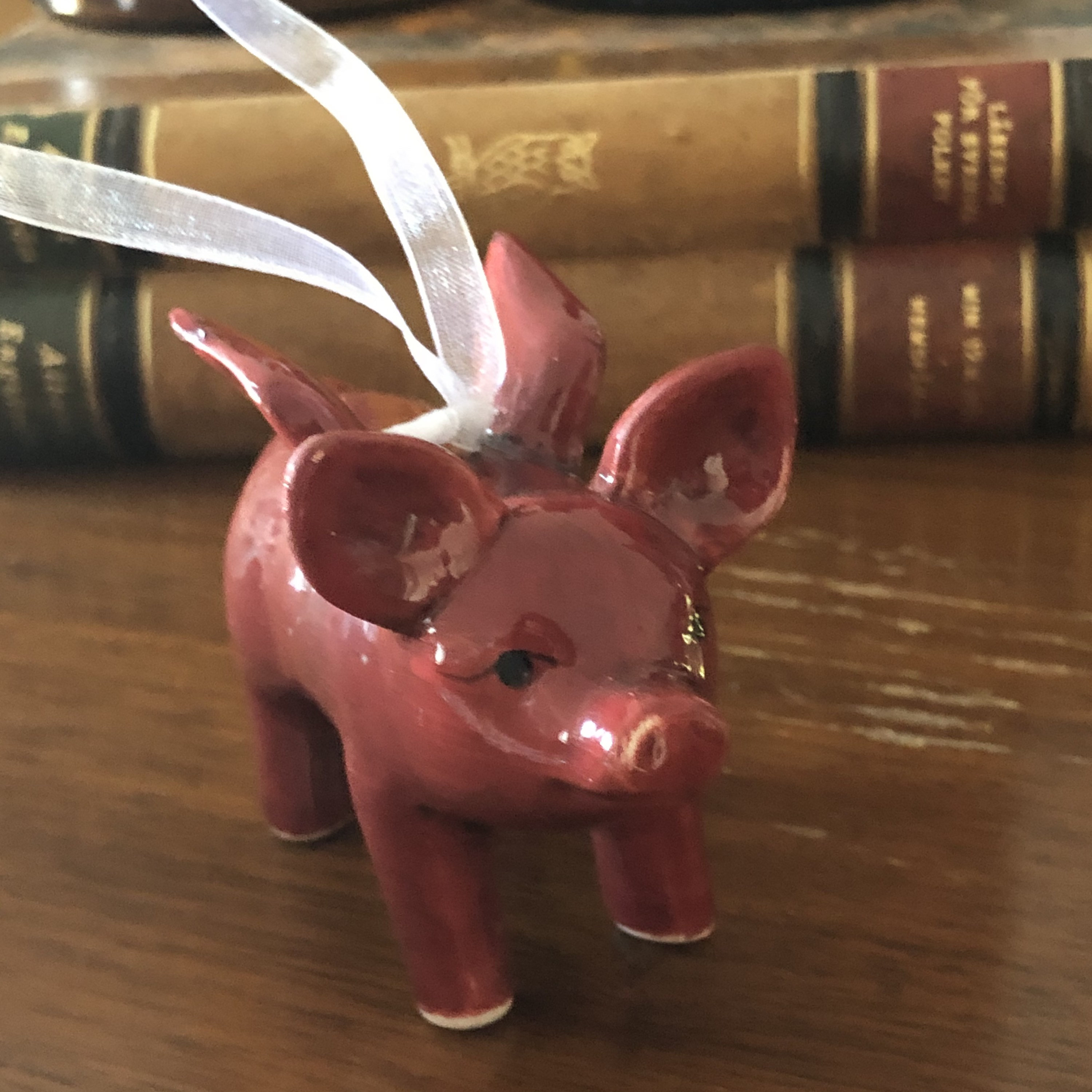 Ceramic flying pig Swedish Christmas tree ornament burgundy decor with