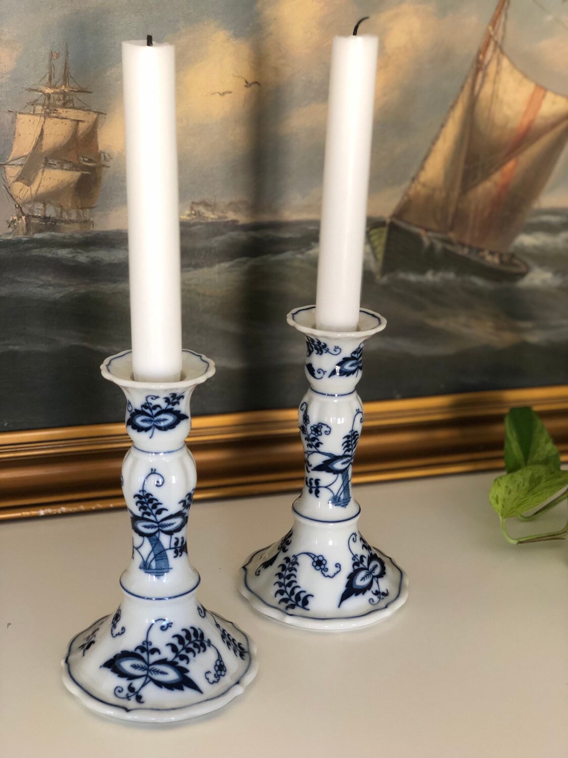 Older Blue Danube candle holders pair stamped with older marking blue and white ceramic