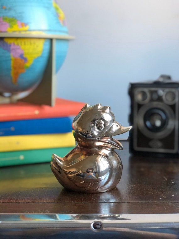 Vintage silver plated metal duck coin bank great patina perfect shelfie pet /Scandinavian / piggy bank