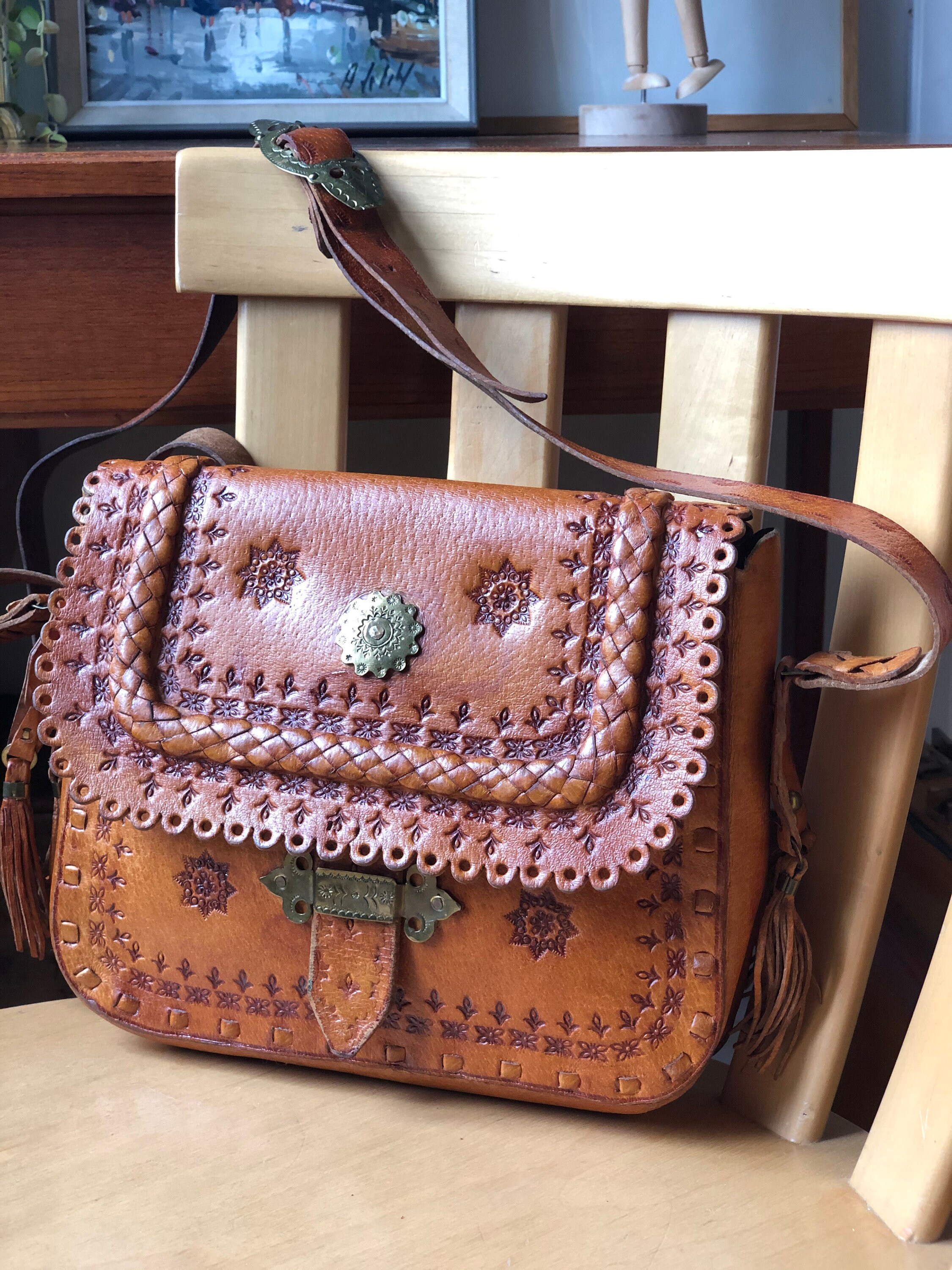 Boho Tooled leather satchel purse 1970s made in Poland adjustable strap