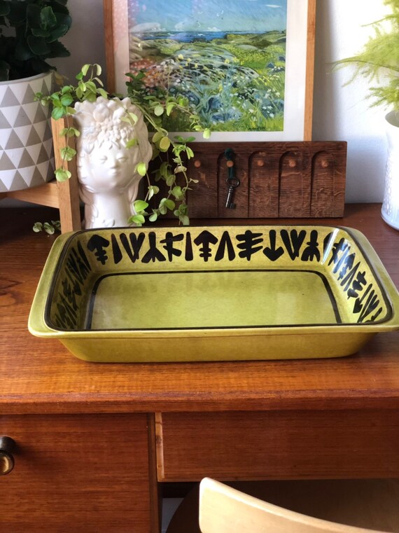 Upsala Ekeby pan  serving baking dish casserole Gefle green and brown hand painted 1960s Sweden