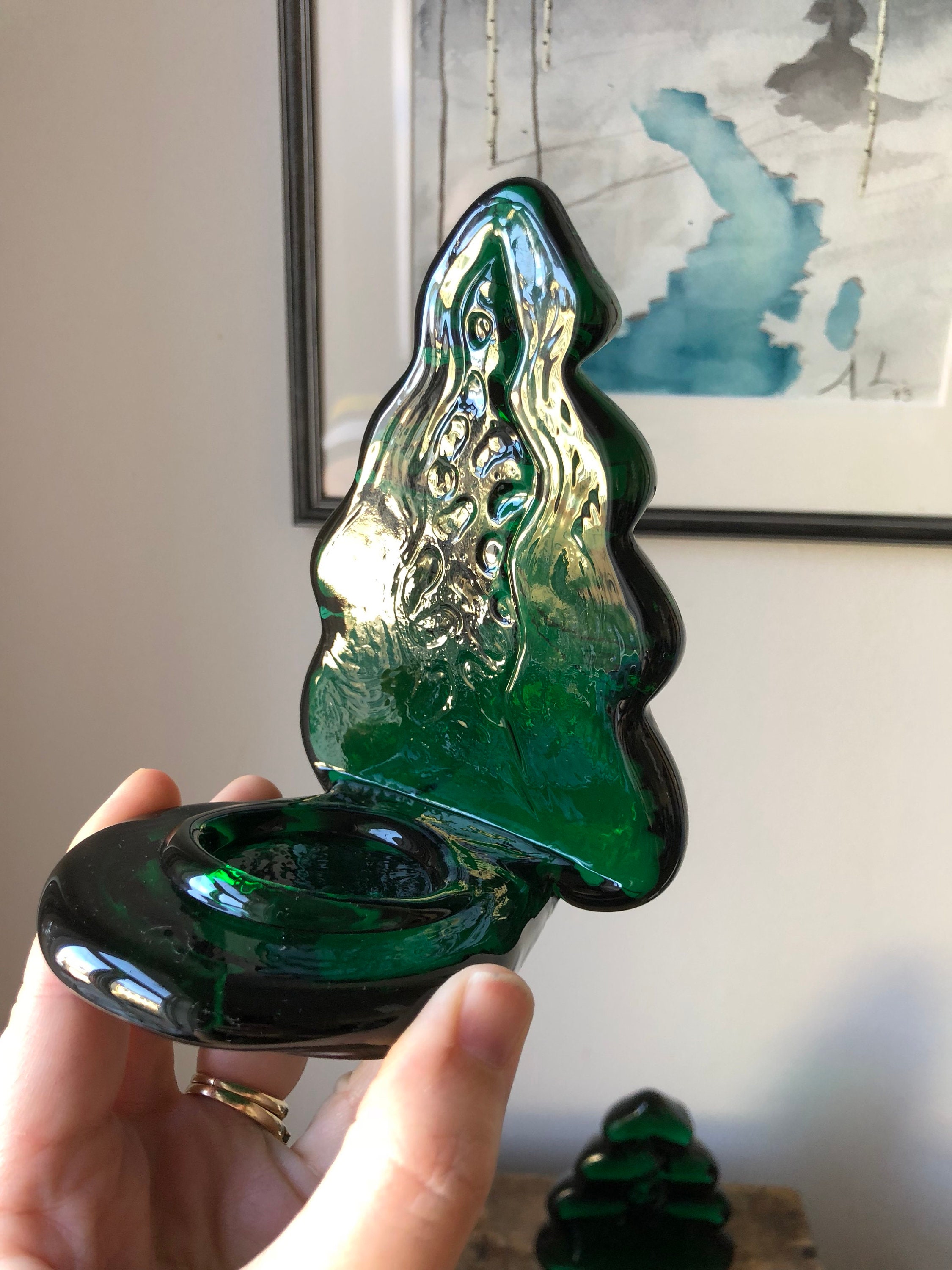 Green glass Christmas tree candle holder Boda Glass / tea light holder