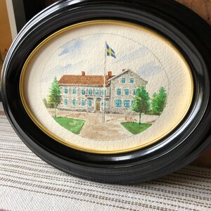 Original Swedish water color painting of Swedish country house still signed EP 1946 small oval painting framed image 5