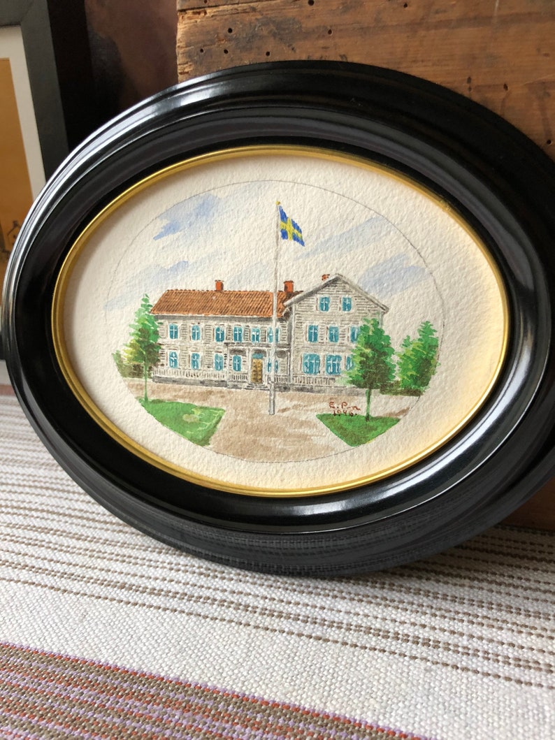 Original Swedish water color painting of Swedish country house still signed EP 1946 small oval painting framed image 5