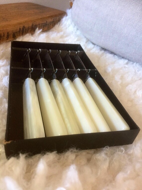 6 pc knife set ART DECO Swedish vintage 1940s white bakelite plastic mother of pearl colour set original box