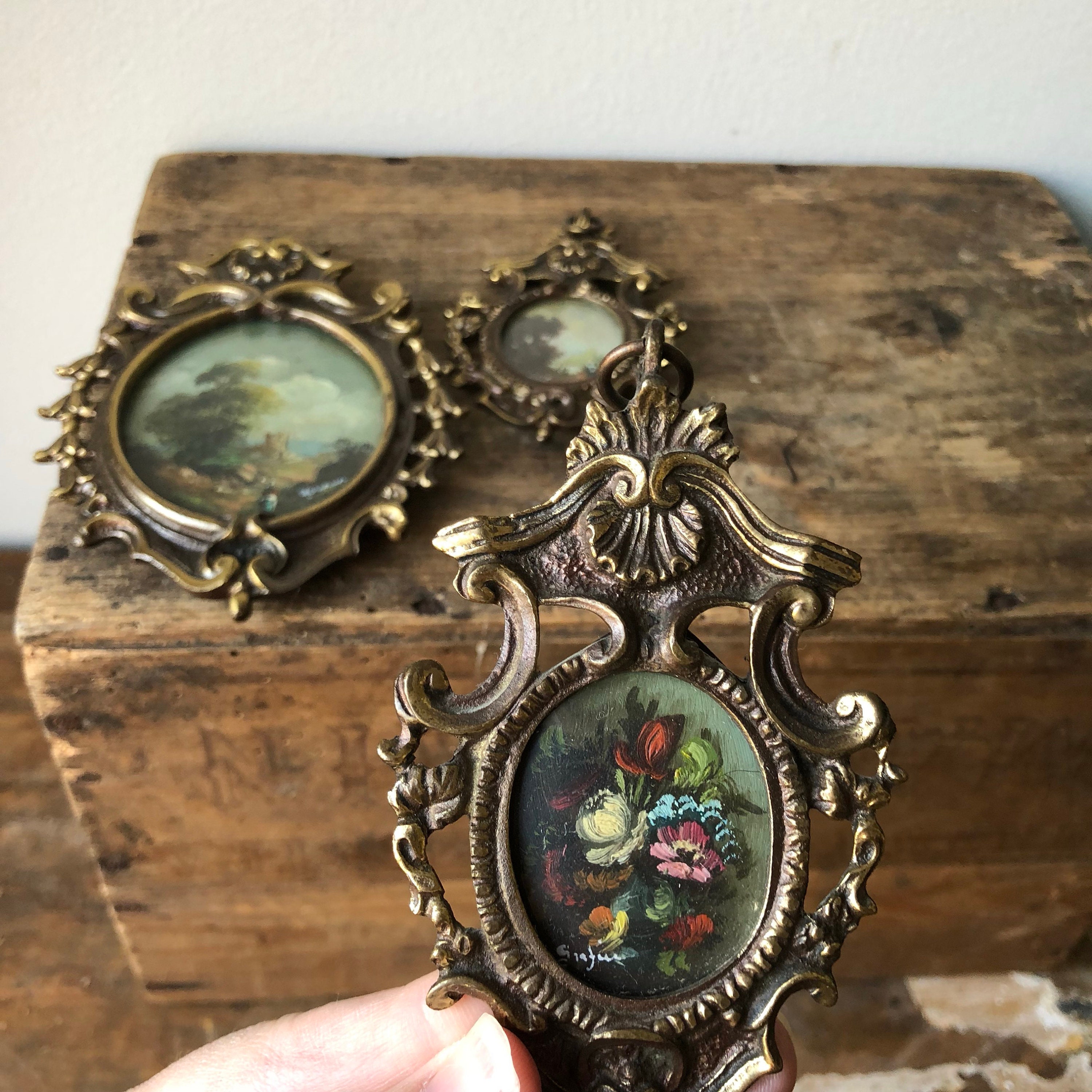 Miniature frames with hand painted original paintings / Bronze metal