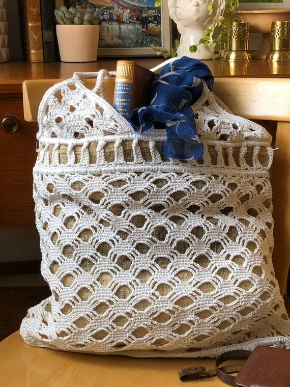 Boho bag crocheted market bag light cream purse macrame lined