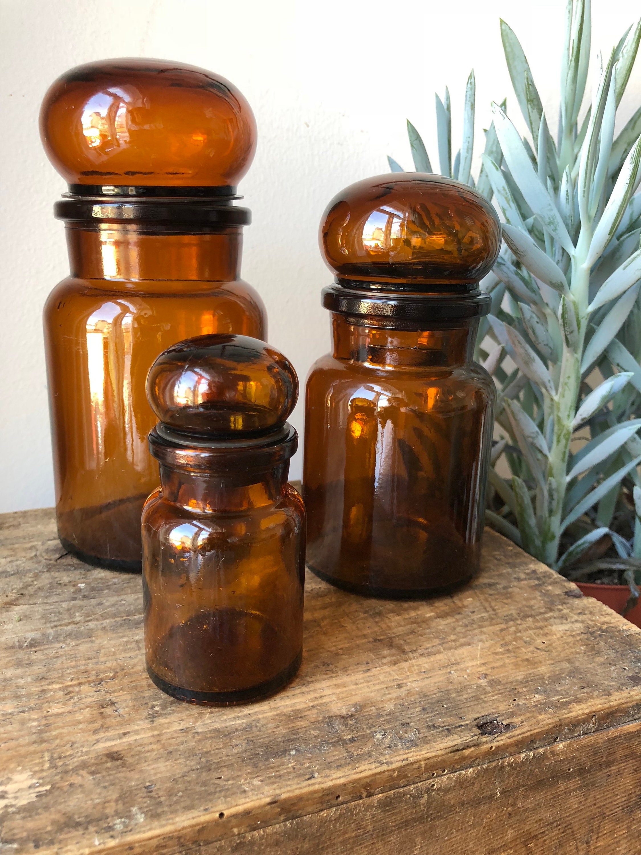 Set of 3 Belgian Apothecary Bottles pharmacy amber brown, Glass Jars
