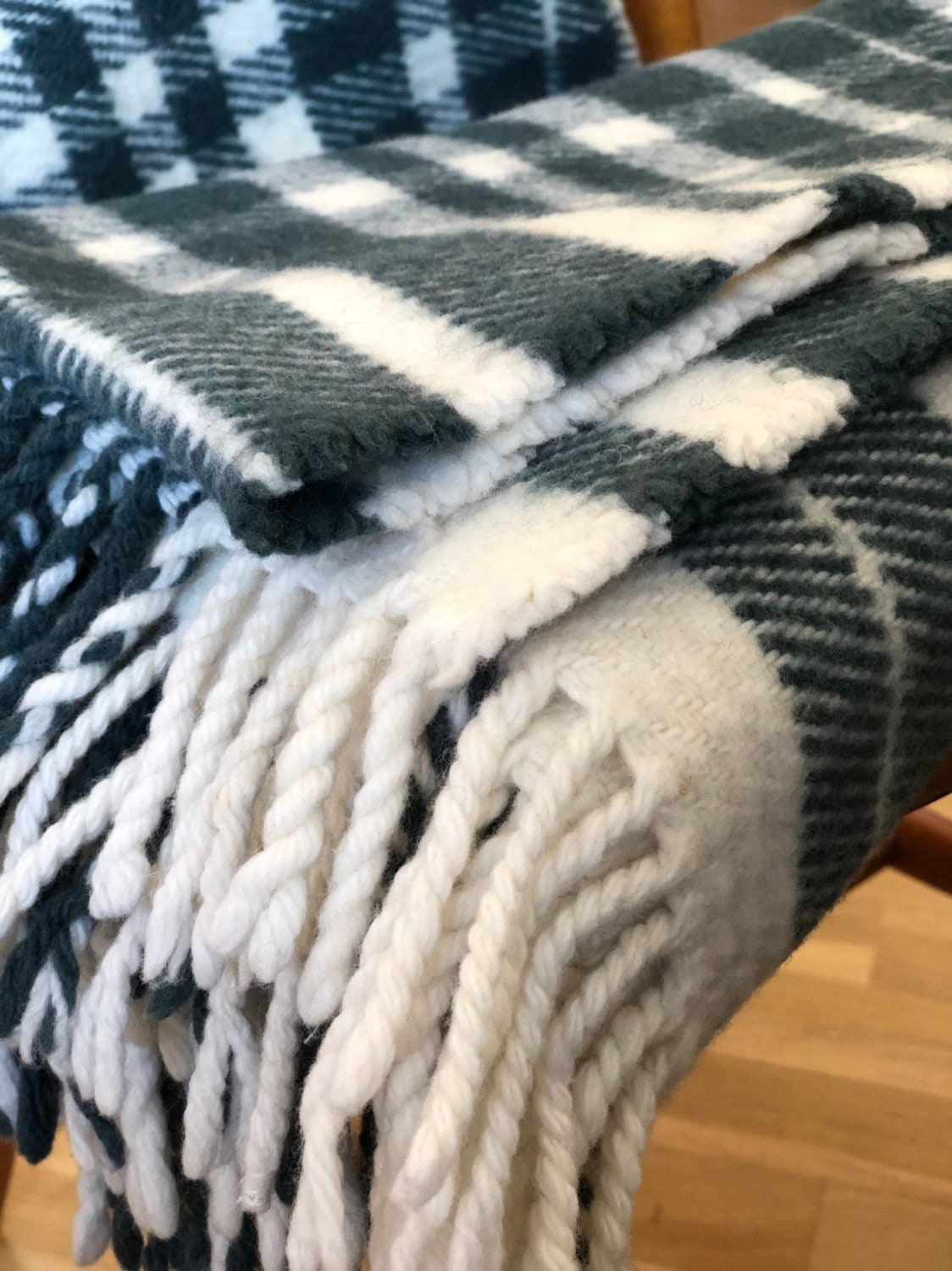 Wool throw blanket dark green and white tones wool blanket throws