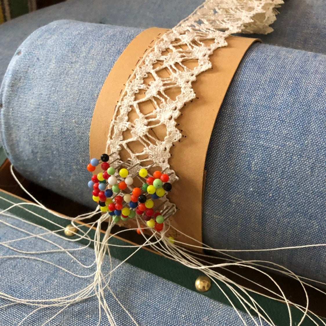 Lace making pillow with lace pattern and lace / hand turned wooden