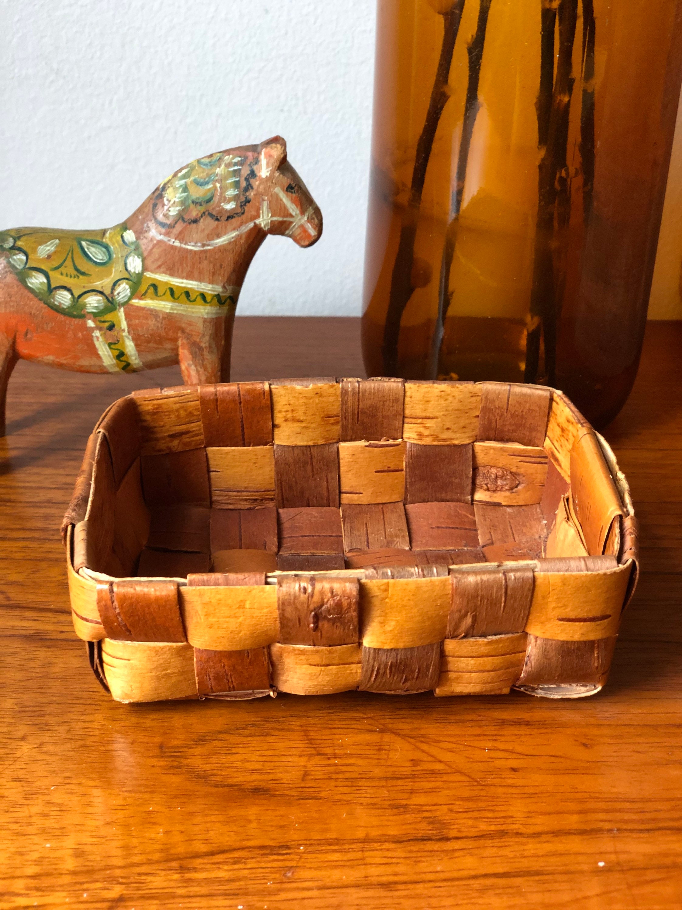 Small Swedish wooden birch bark basket midcentury modern basket storage
