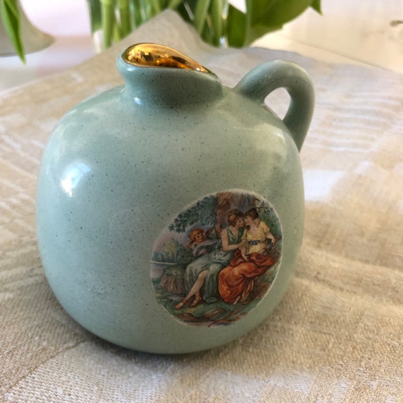 Danish romantic Victorian style vase Soholm design gold trim with romantic scene
