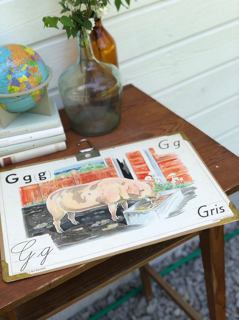 Vintage Swedish school house poster letter illustrations art poster Sweden pig Gris