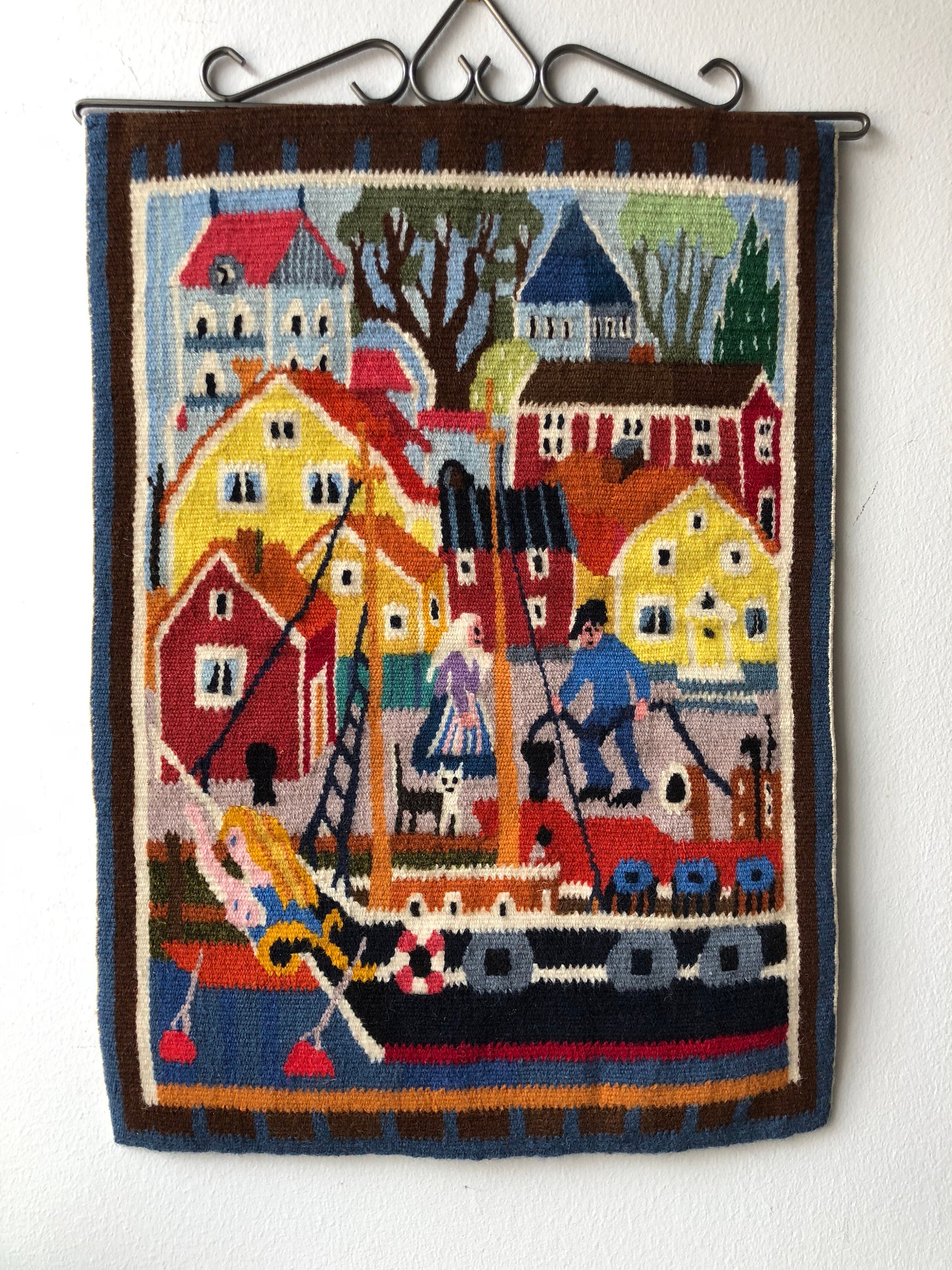 Swedish folk art woven wall hanging done on small loom harbor scene
